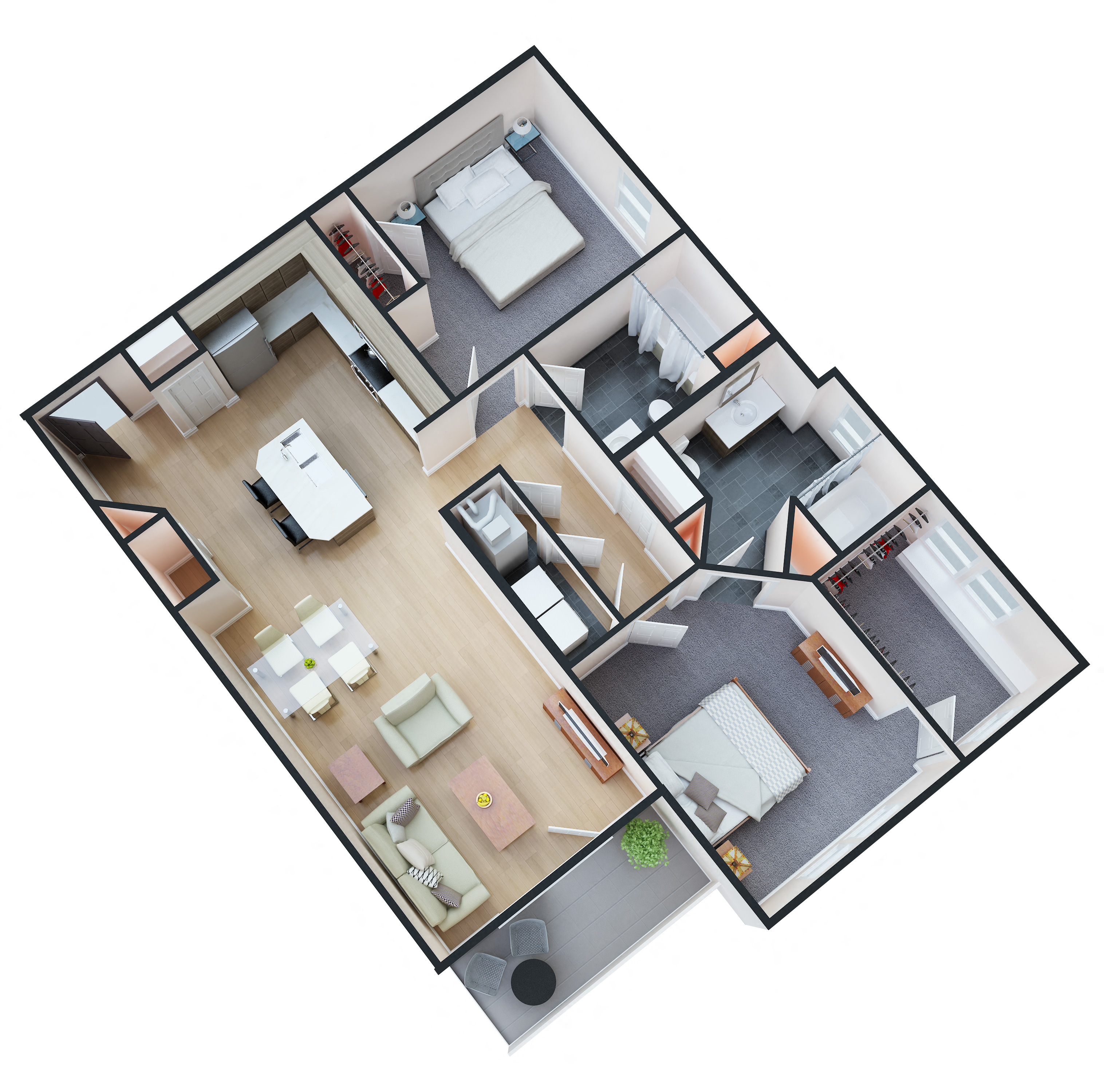 Floor plan for 2 beds, 2 baths, 1074 sqft